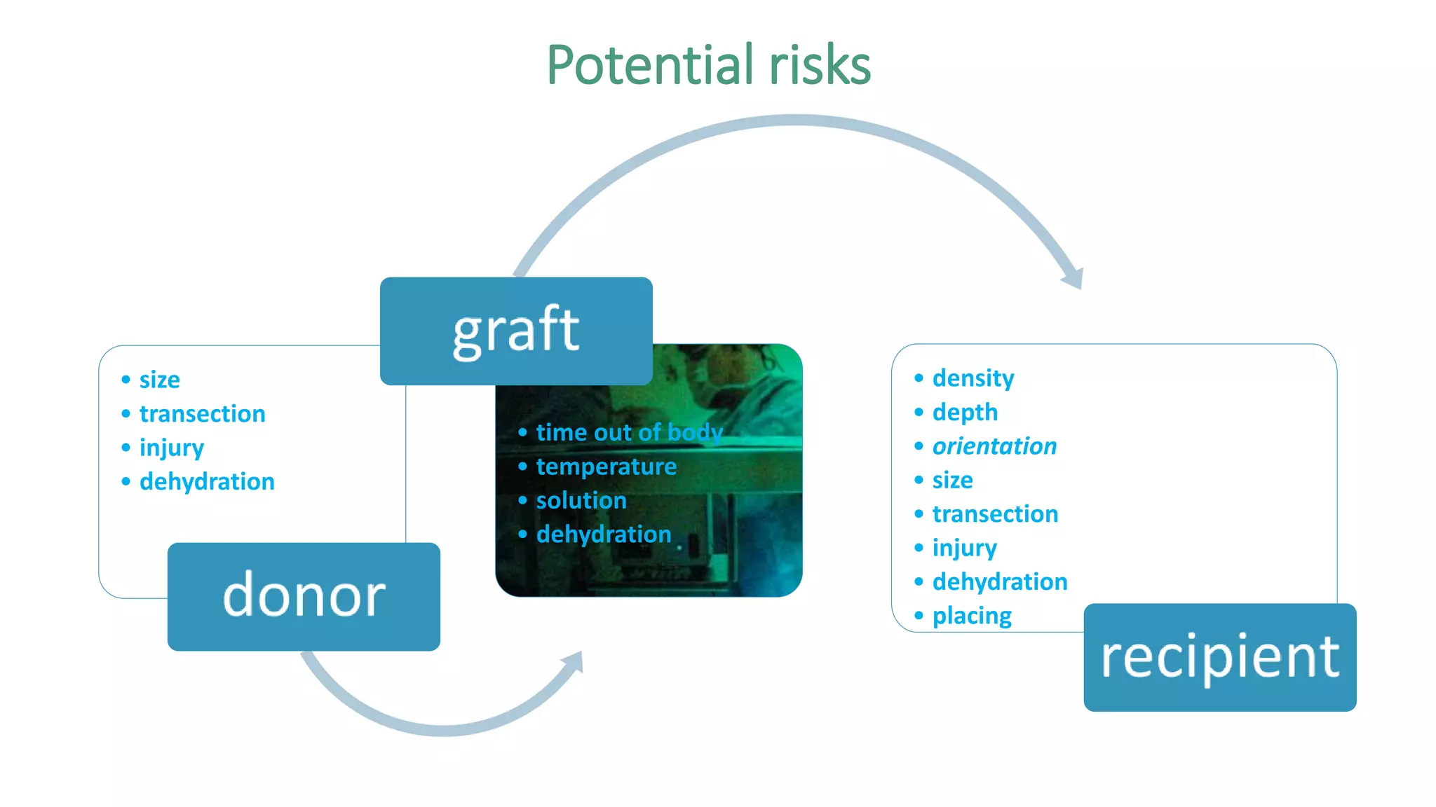 Potential risks
• size
• transection
• injury
• dehydration
• time out of body
• temperature
• solution
• dehydration
• density
• depth
• orientation
• size
• transection
• injury
• dehydration
• placing
 