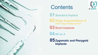 Standard Implant
01
Ridge Augmentations &
other ridge modifying tech.
02
Short Implants
03
All on 4
04
Contents
Zygomatic ...