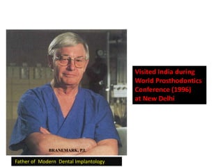 Father of Modern Dental Implantology
Visited India during
World Prosthodontics
Conference (1996)
at New Delhi
BRANEMARK, P.I.
 