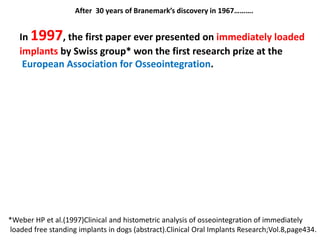 In 1997, the first paper ever presented on immediately loaded
implants by Swiss group* won the first research prize at the
European Association for Osseointegration.
*Weber HP et al.(1997)Clinical and histometric analysis of osseointegration of immediately
loaded free standing implants in dogs (abstract).Clinical Oral Implants Research;Vol.8,page434.
After 30 years of Branemark’s discovery in 1967……….
 
