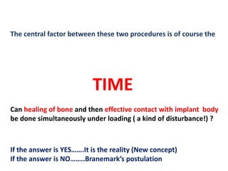 The central factor between these two procedures is of course the
TIME
Can healing of bone and then effective contact with implant body
be done simultaneously under loading ( a kind of disturbance!) ?
If the answer is YES…….It is the reality (New concept)
If the answer is NO……..Branemark’s postulation
 