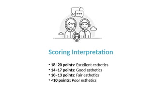 Scoring Interpretation
• 18–20 points: Excellent esthetics
• 14–17 points: Good esthetics
• 10–13 points: Fair esthetics
• <10 points: Poor esthetics
 