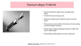 Titanium alloys/ Ti-6Al-4V
• Ti-6Al-4V most commonly used.
• Modulus of elasticity of Ti-6Al-4V is closer to that of
bone
• This ensures a more uniform distribution of stress along
the bone-implant interface.
• Newer titanium alloys developed include Ti-13Nb-13Zr
and Ti-15Mo-2.8Nb.
• These alloys exhibit greater corrosion resistance.
• Can be classified as alpha, beta, and alpha beta
alloys
World J Clin Cases. 2015 Jan 16; 3(1): 52–57.
 