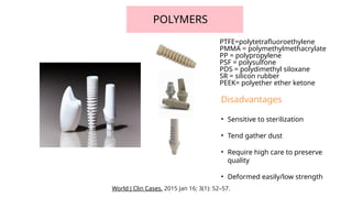 POLYMERS
PTFE=polytetrafluoroethylene
PMMA = polymethylmethacrylate
PP = polypropylene
PSF = polysulfone
PDS = polydimethyl siloxane
SR = silicon rubber
PEEK= polyether ether ketone
Disadvantages
• Sensitive to sterilization
• Tend gather dust
• Require high care to preserve
quality
• Deformed easily/low strength
World J Clin Cases. 2015 Jan 16; 3(1): 52–57.
 