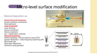 Electrochemical treatment
Anodic oxidation/ anodization
Electrophoresis
Laser treatment
Laser Peening
Vaccum treatment
Plasma treatment
Ion – implantation methods
Thermal treatment
Plasma spraying – titanium plasma spray (TPS)
Sputter deposition – radio frequency sputtering (RF)
Biomimetic ppt
Electrolytic deposition
Ultrasonic spray pyrolysis
Material deposition via
Micro-level surface modification
International Journal of Dentistry Research 2020; 5(2): 87-92
 