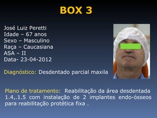 BOX 3
José Luiz Peretti
Idade – 67 anos
Sexo – Masculino
Raça – Caucasiana
ASA – II
Data- 23-04-2012

Diagnóstico: Desdentado parcial maxila


Plano de tratamento: Reabilitação da área desdentada
1.4,.1.5 com instalação de 2 implantes endo-ósseos
para reabilitação protética fixa .
 