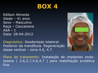 BOX 4
Edilson Almeida
Idade – 41 anos
Sexo – Masculino
Raça – Caucasiana
ASA – I
Data- 28-04-2012

Diagnóstico: Desdentado bilateral
Posterior da mandíbula. Regeneração
óssea vertical – zona 4.6, 4.7.
 .
Plano de tratamento: Instalação de implantes endo-
ósseos ( 3.6,3.7,4.6,4.7 ) para reabilitação protética
fixa.
 