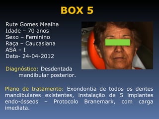 BOX 5
Rute Gomes Mealha
Idade – 70 anos
Sexo – Feminino
Raça – Caucasiana
ASA – I
Data- 24-04-2012

Diagnóstico: Desdentada
    mandibular posterior.

Plano de tratamento: Exondontia de todos os dentes
mandibulares existentes, instalação de 5 implantes
endo-ósseos – Protocolo Branemark, com carga
imediata.
 