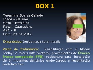 BOX 1
Teresinha Soares Galindo
Idade – 68 anos
Sexo – Feminino
Raça – Caucasiana
ASA – II
Data- 23-04-2012

Diagnóstico:Desdentada total maxila

Plano de tratamento:          Reabilitação com 6 blocos
“onlay” e “sinus-llift” bilateral, provenientes de Úmero
fresco-congelado (FFB); reabertura para instalação
de 6 implantes dentários endo-ósseos e reabilitação
protética fixa.
 