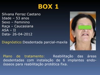 BOX 1
Silvana Ferraz Caetano
Idade – 53 anos
Sexo – Feminino
Raça – Caucasiana
ASA – II
Data- 26-04-2012

Diagnóstico:Desdentada parcial-maxila



Plano de tratamento:          Reabilitação das áreas
desdentadas com instalação de 6 implantes endo-
ósseos para reabilitação protética fixa.
 