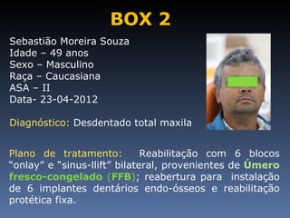 BOX 2
Sebastião Moreira Souza
Idade – 49 anos
Sexo – Masculino
Raça – Caucasiana
ASA – II
Data- 23-04-2012

Diagnóstico: Desdentado total maxila


Plano de tratamento:          Reabilitação com 6 blocos
“onlay” e “sinus-llift” bilateral, provenientes de Úmero
fresco-congelado (FFB); reabertura para instalação
de 6 implantes dentários endo-ósseos e reabilitação
protética fixa.
 