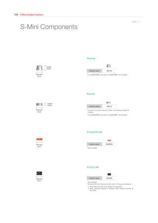 S-Mini Implant System104
* Scale 1 : 1.1
Product name BAR 20
Diameter
∅ 5.0
Length
2.0mm
Retainer
Product name BAH 40
Diameter
∅ 5.0
Length
4.0mm
Housing
S-Mini Components
Product name BAORINGDiameter
∅ 4.5
O-ring (Clinical)
Product name BAOIMPDiameter
∅ 4.5
O-ring (Lab)
* 3ea Included
* Prevents the resin flowing into the under of Housing or Retainer
1. while making a final resin denture at laboratory.
2. while inserting Housing or Retainer within denture directly at
the office.
* O-ring(BAORING) 5ea and O-ring(BAOIMP) 1ea Included
* 3ea Included
* O-ring(BAORING) 5ea and O-ring(BAOIMP) 1ea Included
* In case of occlusion interval is lower, use retainer instead of
housing
Go to Index
 
