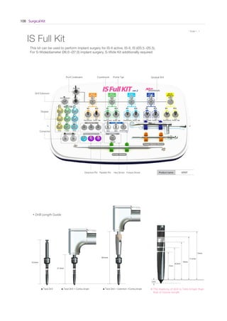 Surgical Kit108
* Scale 1 : 1* Scale 1 : 1
IS Full Kit
Surgical Drill
Drill Extension
Stopper
Connector
Point Lindemann Countersink
Parallel PinDirection Pin Fixture DriverHex Driver
Profile Tap
This kit can be used to perform implant surgery for IS-II active, IS-II, IS (Ø3.5~Ø5.5).
For S-Wide(diameter Ø6.0~Ø7.0) implant surgery, S-Wide Kit additionally required
• Drill Length Guide
33.5mm
21.5mm
38.5mm
▲ Twist Drill ▲ Twist Drill + Contra Angle ▲ Twist Drill + Extention +Contra Angle
Product name ISFKIT
13mm
11.5mm
10mm
8.5mm
7mm
1mm
※ The marking of drill is 1mm longer than
that of fixture length
Go to Index
 