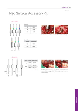 * Scale 1 : 1
Surgical Kit 123
SurgicalKit
* Scale 1 : 1
Neo Surgical Accessory Kit
• QuickTight
15mm 15mm
20mm 20mm
Hex
1.2
Hex
1.25
• Bone Profile
Type Product name
N BPN40
R BPR50
W(i) BPI60
W(B) BPB60
Diameter Product name
Ø4.8 ISBP48
Ø5.5 ISBP55
Ø6.0 ISBP60
N
∅ 4.8
R
∅ 5.5
W(i)
∅ 6.0
W(B)
External(EB)
Internal(IS)
Used to clean up the bone around the fixture platform(50rpm)
Used to tighten screws(cover screw, healing abutment, abutment
screw) with contra angle. (500~1,000rpm). Spinning with no trac-
tion in 1~2 Ncm
Hex Length Product name
1.2
15mm QTH1205
20mm QTH1210*
1.25
15mm QTH12505
20mm QTH12510*
* Optional
Go to Index
 