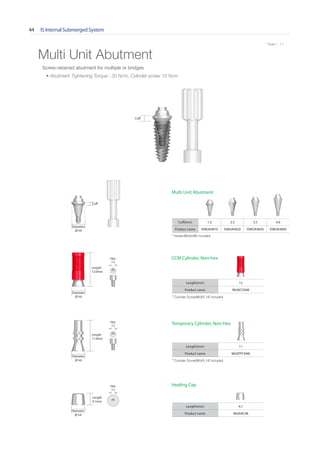 IS Internal Submerged System44
* Scale 1 : 1.1* Scale 1 : 1.1
Multi Unit Abutment
Diameter
∅ 4.8
Cuff
Cuff(mm) 1.5 2.5 3.5 4.0
Product name ISMUA4810 ISMUA4820 ISMUA4830 ISMUA4840
Multi Unit Abutment
Diameter
∅ 4.8
Length
4.1mm
Length(mm) 4.1
Product name MUAHC48
Healing Cap
Cuff
Length(mm) 12
Product name MUACCN48
* Cylinder Screw(MUAS 14) Included
CCM Cylinder, Non-hex
Diameter
∅ 4.8
Length
12.0mm
* Cylinder Screw(MUAS 14) Included
Length(mm) 11
Product name MUATPCN48
Temporary Cylinder, Non-Hex
Diameter
∅ 4.8
Length
11.0mm
* Holder(MUAH48) Included
Hex
1.2
Hex
1.2
Hex
1.2
Screw-retained abutment for multiple or bridges
• Abutment Tightening Torque : 30 Ncm, Cylinder screw 15 Ncm
Go to Index
 