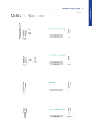 * Scale 1 : 1.1
IS Internal Submerged System 45
ISImplantSystem
* Scale 1 : 1.1
Multi Unit Abutment
Product name MUAD48
Multi Unit Abutment Driver
Diameter
∅ 4.8
Product name MUALA48
Lab analog
Length(mm) 9
Product name MUAIT48
Diameter
∅ 4.8
Length
9.0mm
Transfer Impression Coping
Diameter
∅ 4.8
Length
9.0mm
4.9mm
Length(mm) 9
Product name MUAIP48
Pick-up Impression Coping
Hex
1.2
Hex
1.2
Go to Index
 