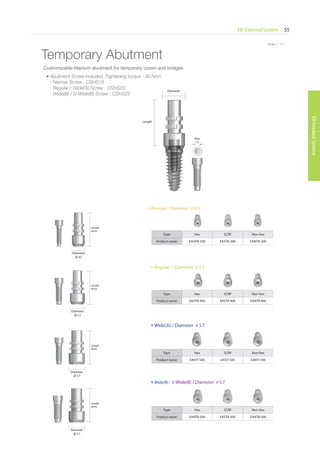 * Scale 1 : 1.1
EB External System 55
EBImplantSystem
* Scale 1 : 1.1
Temporary Abutment
Type Hex SCRP Non-hex
Product name EAHTB 500 EASTB 500 EANTB 500
• Wide(B) / S-Wide(B) / Diameter ∅ 5.7
Diameter
∅ 5.7
Diameter
Length
Hex
1.2
Customizable titanium abutment for temporary crown and bridges
• Abutment Screw included, Tightening torque : 30 Ncm
- Narrow Screw : CSHS16
- Regular / Wide(3i) Screw : CSHS20
- Wide(B) / S-Wide(B) Screw : CSHS25
Length
0mm
• Narrow / Diameter ∅ 4.5
Type Hex SCRP Non-hex
Product name EAHTN 300 EASTN 300 EANTN 300
Diameter
∅ 4.5
Length
0mm
Type Hex SCRP Non-hex
Product name EAHTR 400 EASTR 400 EANTR 400
• Regular / Diameter ∅ 5.2
Diameter
∅ 5.2
Length
0mm
Type Hex SCRP Non-hex
Product name EAHTI 500 EASTI 500 EANTI 500
• Wide(3i) / Diameter ∅ 5.7
Diameter
∅ 5.7
Length
0mm
Go to Index
 
