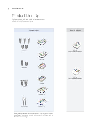 Neobiotech Products6
Product Line Up
Implant System Sinus Lift Solution
SCA Kit
(Sinus Crestal Approach Kit)
SLA Kit
(Sinus Lateral Approach Kit)
IS System
EB System
IT System
S-mini System
IS Full Kit
EB / IT Kit
S-mini Kit
S-wide Kit
Prosthetic Kit
Accessory Kit
Congratulations! You have made an excellent choice.
Welcome to the Neobiotech family
This catalog contains information of Neobiotech implant system
only. To get information of other solution system, Please refer to
Neo Solution catalogs.
Go to Index
 