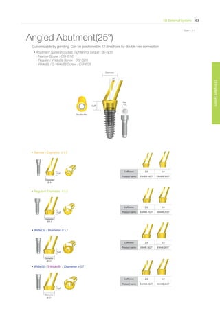 * Scale 1 : 1.1
EB External System 63
EBImplantSystem
* Scale 1 : 1.1
Cuff(mm) 2.0 3.0
Product name EAHAN 2427 EAHAN 2437
Cuff(mm) 2.0 3.0
Product name EAHAI 2627 EAHAI 2637
Cuff(mm) 2.0 3.0
Product name EAHAB 2627 EAHAB 2637
Cuff
Cuff
Cuff
Angled Abutment(25°)
Diameter
∅ 4.5
• Narrow / Diameter ∅ 4.5
• Regular / Diameter ∅ 5.2
• Wide(3i) / Diameter ∅ 5.7
• Wide(B) / S-Wide(B) / Diameter ∅ 5.7
Hex
1.2
Cuff
Diameter
25°
Cuff(mm) 2.0 3.0
Product name EAHAR 2527 EAHAR 2537Cuff
Diameter
∅ 5.2
Diameter
∅ 5.7
Diameter
∅ 5.7
Customizable by grinding. Can be positioned in 12 directions by double hex connection
• Abutment Screw included, Tightening Torque : 30 Ncm
- Narrow Screw : CSHS16
- Regular / Wide(3i) Screw : CSHS20
- Wide(B) / S-Wide(B) Screw : CSHS25
Double Hex
Go to Index
 
