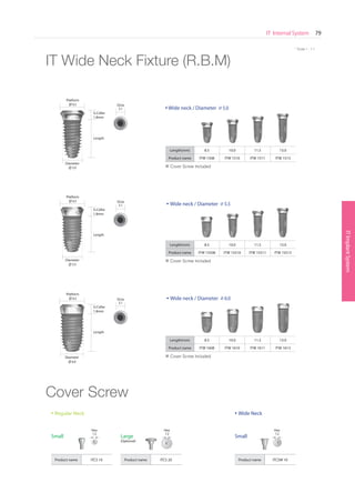 * Scale 1 : 1.1
ITImplantSystem
IT Internal System 79
SurgicalKit
* Scale 1 : 1.1
IT Wide Neck Fixture (R.B.M)
Cover Screw
•Wide neck / Diameter ∅ 5.0
• Wide neck / Diameter ∅ 5.5
• Wide neck / Diameter ∅ 6.0
Length(mm) 8.5 10.0 11.5 13.0
Product name ITW 1608 ITW 1610 ITW 1611 ITW 1613
Length(mm) 8.5 10.0 11.5 13.0
Product name ITW 1508 ITW 1510 ITW 1511 ITW 1513
Length(mm) 8.5 10.0 11.5 13.0
Product name ITW 15508 ITW 15510 ITW 15511 ITW 15513
Length
Length
G.Collar
1.8mm
G.Collar
1.8mm
Platform
∅ 6.5
Platform
∅ 6.5
Length
G.Collar
1.8mm
Platform
∅ 6.5
Diameter
∅ 5.0
Diameter
∅ 5.5
Diameter
∅ 6.0
Product name ITCS 10 Product name ITCS 20 Product name ITCSW 10
Small Small
• Regular Neck
Large
(Optional)
• Wide Neck
Octa
3.1
Octa
3.1
Octa
3.1
Hex
1.2
Hex
1.2
Hex
1.2
※ Cover Screw Included
※ Cover Screw Included
※ Cover Screw Included
Go to Index
 