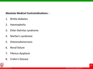© Ramaiah University of Applied Sciences
16
Faculty of Dental Sciences
Absolute Medical Contraindications: -
1. Brittle diabetes
2. Haemophelia
3. Ehler-Dahnlos syndrome
4. Marfan's syndrome
5. Osteoradionecrosis
6. Renal failure
7. Fibrous dysplasia
8. Crohn's Disease
 