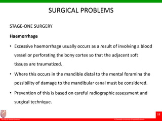 © Ramaiah University of Applied Sciences
18
Faculty of Dental Sciences
SURGICAL PROBLEMS
STAGE-ONE SURGERY
Haemorrhage
• Excessive haemorrhage usually occurs as a result of involving a blood
vessel or perforating the bony cortex so that the adjacent soft
tissues are traumatized.
• Where this occurs in the mandible distal to the mental foramina the
possibility of damage to the mandibular canal must be considered.
• Prevention of this is based on careful radiographic assessment and
surgical technique.
 