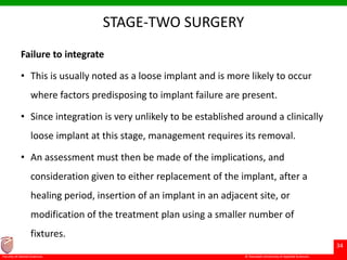 © Ramaiah University of Applied Sciences
34
Faculty of Dental Sciences
STAGE-TWO SURGERY
Failure to integrate
• This is usually noted as a loose implant and is more likely to occur
where factors predisposing to implant failure are present.
• Since integration is very unlikely to be established around a clinically
loose implant at this stage, management requires its removal.
• An assessment must then be made of the implications, and
consideration given to either replacement of the implant, after a
healing period, insertion of an implant in an adjacent site, or
modification of the treatment plan using a smaller number of
fixtures.
 