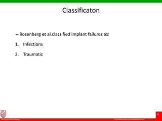 © Ramaiah University of Applied Sciences
4
Faculty of Dental Sciences
Classificaton
– Rosenberg et al.classified implant failures as:
1. Infections
2. Traumatic
 