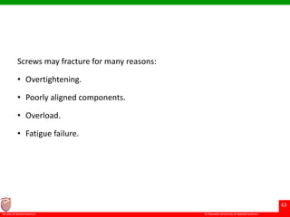 © Ramaiah University of Applied Sciences
63
Faculty of Dental Sciences
Screws may fracture for many reasons:
• Overtightening.
• Poorly aligned components.
• Overload.
• Fatigue failure.
 
