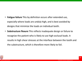 © Ramaiah University of Applied Sciences
70
Faculty of Dental Sciences
• Fatigue failure This by definition occurs after extended use,
especially where loads are unduly high, and is best avoided by
designs that minimize the loads on individual teeth.
• Substructure flexure This reflects inadequate design or failure to
recognize the patient who is likely to use high occlusal loads. It
results in high shear stresses at the interface between the tooth and
the substructure, which is therefore more likely to fail.
 