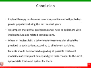 © Ramaiah University of Applied Sciences
77
Faculty of Dental Sciences
Conclusion
• Implant therapy has become common practice and will probably
gain in popularity during the next several years.
• This implies that dental professionals will have to deal more with
implant failure and related complications.
• When an implant fails, a tailor made treatment plan should be
provided to each patient according to all relevant variables.
• Patients should be informed regarding all possible treatment
modalities after implant failure and give their consent to the most
appropriate treatment option for them.
 