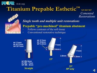 Titanium Prepable Esthetic ™   NP/RP/WP Single tooth and multiple unit restorations Prepable “pre-machined” titanium abutment   Follows contours of the soft tissue  Conventional restorative technique Cemented Restorations 15° 11mm 1.4mm NP  2.7mm RP  2.8mm WP  3.2mm 25° 11mm 1.5mm 2.8mm RP only Straight NP  11mm RP  8/11mm WP  8/11mm NP  Ø4.5mm RP  Ø5 - 7mm WP  Ø6 - 8mm 