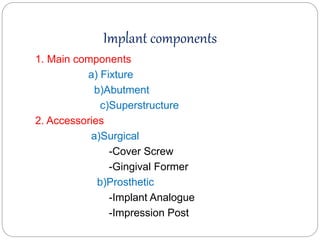 Implant components
1. Main components
a) Fixture
b)Abutment
c)Superstructure
2. Accessories
a)Surgical
-Cover Screw
-Gingival Former
b)Prosthetic
-Implant Analogue
-Impression Post
 