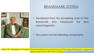 4 3
BRANEMARK SYSTEM
• Developed from the pioneering work of Prof.
Branemark who introduced the term
osseointegration.
• This system has the following components -
Mishra SK, Chowdhary R. Evolution of dental implants through the work of Per-Ingvar Brånemark: A systematic
review. Indian J Dent Res 2020;31:930-56
 