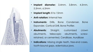 5 0
• Implant diameter: 3.4mm, 3.8mm, 4.5mm,
5.5mm, 6.5mm
• Implant length: 8 to 15mm
• Anti-rotation: Internal hex
• Instruments: Drills, Bone Condenser, Bone
Expander, Cortical Drill, Bone Profiler.
• Abutments: Straight, customized crown
abutments, telescopic abutments, screw-
retained, or cemented, CeraBase, AuraBase
• Indications: Missing single teeth, free-end cases,
tooth-bound gaps, edentulous jaws.
 