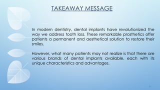 7 3
In modern dentistry, dental implants have revolutionized the
way we address tooth loss. These remarkable prosthetics offer
patients a permanent and aesthetical solution to restore their
smiles.
However, what many patients may not realize is that there are
various brands of dental implants available, each with its
unique characteristics and advantages.
TAKEAWAY MESSAGE
 