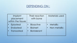 8
DEPENDING ON :
Implant
placement
within the tissues
Their reaction
with bone
Materials used
• Epiosteal
• Endosteal
• Transosteal
• Bioactive
• Bioinert
• Biotolerant
• Metallic
• Non metallic
 