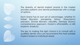 8 0
The diversity of dental implant brands in the market
provides patients and dental professionals with a range
of options.
Each brand has its own set of advantages, whether it's
Nobel Biocare's pioneering history, Straumann's
precision, Zimmer Biomet's versatility, Dentsply Sirona's
comprehensive approach, Osstem's affordability, or MIS
Implants' simplicity.
The key to making the right choice is to consult with a
qualified dentist who can recommend the most suitable
implant based on individual needs.
 