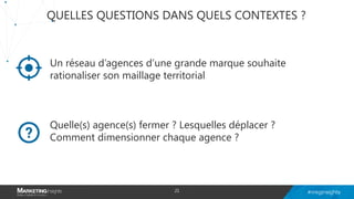 QUELLES QUESTIONS DANS QUELS CONTEXTES ?
Un réseau d’agences d’une grande marque souhaite
rationaliser son maillage territorial
Quelle(s) agence(s) fermer ? Lesquelles déplacer ?
Comment dimensionner chaque agence ?
21
 