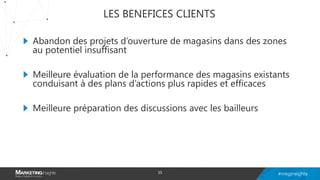 LES BENEFICES CLIENTS
Abandon des projets d’ouverture de magasins dans des zones
au potentiel insuffisant
Meilleure évaluation de la performance des magasins existants
conduisant à des plans d’actions plus rapides et efficaces
Meilleure préparation des discussions avec les bailleurs
35
 