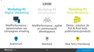 Workshop #1
Développeur
MailPerformance : agilité
et communauté
développeurs
Workshop #1
Data Marketing
Démo : solution de
Pré & Post tests
publicitaires/produits
Workshop #1
Digital Marketing
MailPerformance :
personnaliser ses
campagnes emailing
Auditorium New York / HambourgMontréal
13H30
38
 