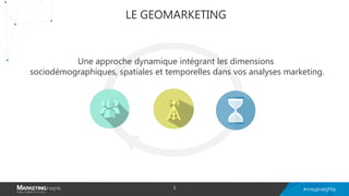 LE GEOMARKETING
Une approche dynamique intégrant les dimensions
sociodémographiques, spatiales et temporelles dans vos analyses marketing.
5
 