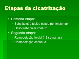 Etapas da cicatrizaçãoPrimeira etapa:Substituição tecido ósseo periimplantarOsso trabecular imaturo.Segunda etapa:Remodelação inicial (18 semanas)Remodelação contínua