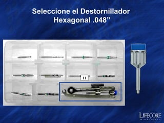 Opción  A: Colocación de Implante con Pieza de Mano  Alinee el implante con el eje longitudinal de la posición deseada del diente e inicie su asentamiento a baja velocidad  PARA PROPÓSITOS DE DEMOSTRACIÓN… Top of implant Deténgase aproximadamente a  3 - 4mm antes de llegar al  Dispositivo de Montaje 