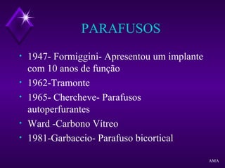 PARAFUSOS
• 1947- Formiggini- Apresentou um implante
com 10 anos de função
• 1962-Tramonte
• 1965- Chercheve- Parafusos
autoperfurantes
• Ward -Carbono Vítreo
• 1981-Garbaccio- Parafuso bicortical
AMA
 