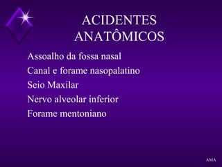 ACIDENTES
ANATÔMICOS
Assoalho da fossa nasal
Canal e forame nasopalatino
Seio Maxilar
Nervo alveolar inferior
Forame mentoniano
AMA
 