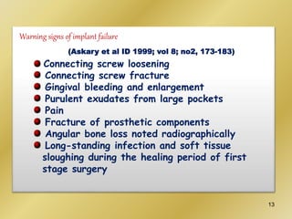 Warning signs of implant failure
(Askary et al ID 1999; vol 8; no2, 173-183)
Connecting screw loosening
Connecting screw fracture
Gingival bleeding and enlargement
Purulent exudates from large pockets
Pain
Fracture of prosthetic components
Angular bone loss noted radiographically
Long-standing infection and soft tissue
sloughing during the healing period of first
stage surgery
13
 