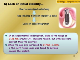 b) Lack of initial stability…
Due to oversized osteotomy
Gap develop between implant & bone
Lack of osseointegration
In an experimental investigation, gaps in the range of
0.25 mm around CPTi implants healed, but with less bone
contact than the controls.
When the gap size increased to 0.7mm-1.7mm,
a thin soft tissue layer was found to develop
around the implant.
Etiology : surgical factor
35
 