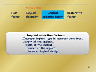 According to etiology
Restorative
factor
Host
factor
Surgical
placement
Implant selection factor…
…Improper implant type in improper bone type…
…length of the implant…
…width of the implant…
…number of the implant…
…improper implant design…
43
 