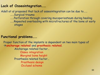 Lack of Osseointegration……
Adell et al proposed that lack of osseointegration can be due to……
……Surgical trauma
……Perforation through covering mucoperiosteum during healing
……Repeated overloading with microfractures of the bone at early
stages
Functional problems……
Proper function of the implants is dependent on two main types of
anchorage related and prosthesis related.
Anchorage related factor…
Osseo integration
Marginal bone height
Prosthesis related factor…
Prosthesis design
Occlusal scheme
65
 